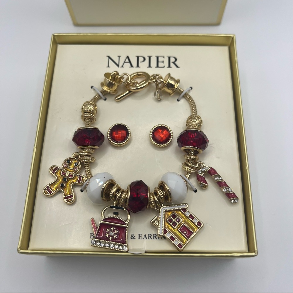 Napier Gold and Red Holiday Charm Bracelet with Earrings Set